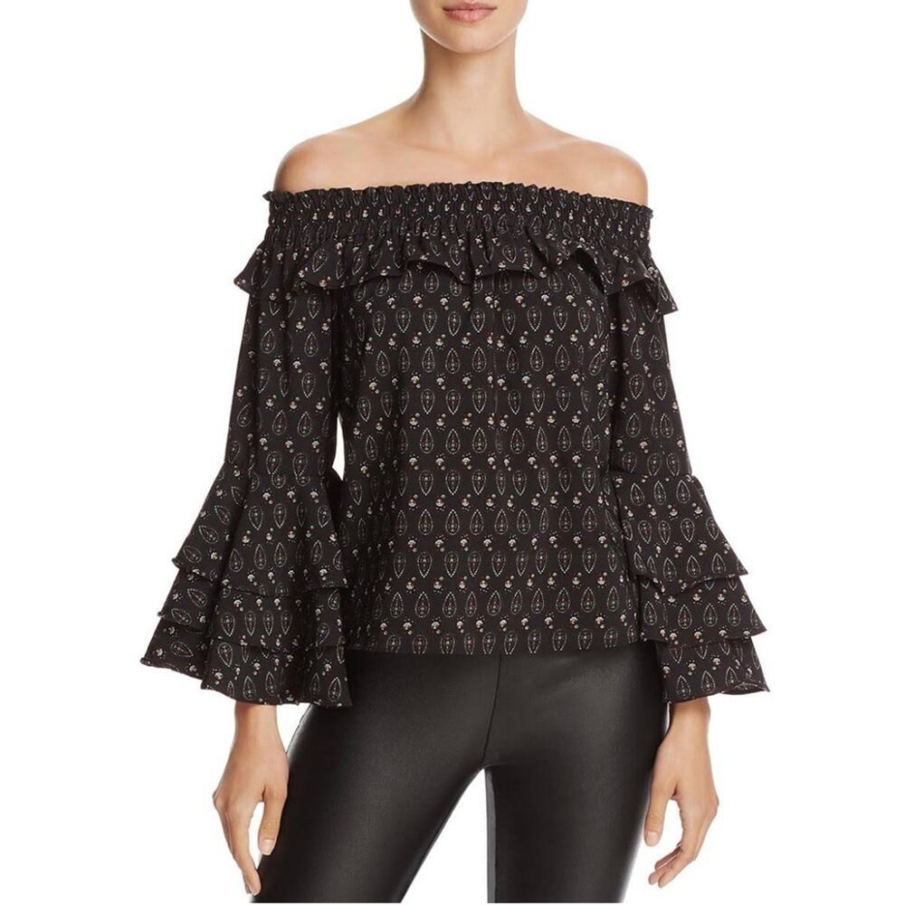 Misa Los Angeles Saskiya Black Multi Off-The-Shoulder Printed Blouse Sz XS